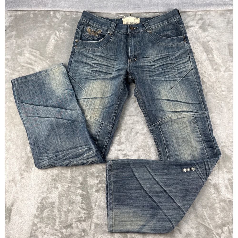 JF Mens 34 Blue Distressed Embroidered Multi Pocket Moto Denim Jeans Zippers